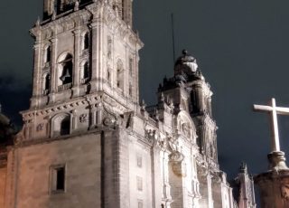Mexico City Cathedral Illuminated By Floodlights